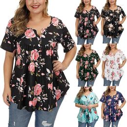 Women's Blouses Loose Casual 2024 Spring/summer Pullover Fashion Printed Short Sleeved Top V-neck Button Large T-shirt Einteiler