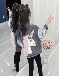 unicorn Girls Jackets Sequin Cowboy Style Teens Outerwear embroidery Fashion Girls coat Children039s Clothing Kids Jean Jacket7570248