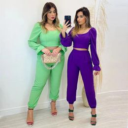 Women's Two Piece Pants 2024 Autumn Square Neck Long Sleeve Women Suits Fashion Sexy Office Lady Tops & Set Green Shirt Trousers Casual