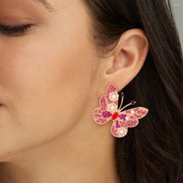Dangle Earrings 2024 Trend Shiny Pink Crystal Butterfly For Women Girls Korean Fashion Stud Jewellery Wholesale