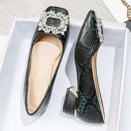 Dress Shoes Plus Size For Women Chunky Heels Pumps OL Green Snakeskin High Shiny Rhinestones Ladies Boat