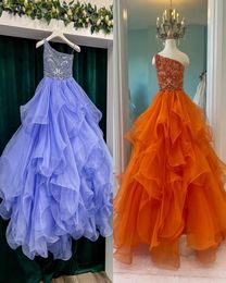 Periwinkle Girl Pageant Dress 2023 Crystals Ruffles Organza Ballgown Little Kids Birthday One Shoulder Formal Party Wear Gown Infa8112908