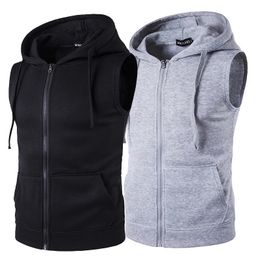 Mens Hooded Sleeveless Zip Casual Sweatshirt Hoodies Summer Autumn Solid Colour Cotton Jacket Vest Waistcoats Top 240116