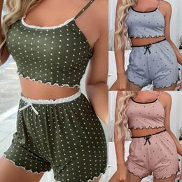 Women's Sleepwear 2 PC Pajamas For Women Polka Printed Spaghetti Strap Cropped Tops With Short Pant Sleep Bottoms Ruffled Casual