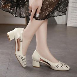 Dress Shoes Leather Sandals For Women With Medium Heels Footwear Summer 2024 Ladies Office Work Square Vintage Vip Offer