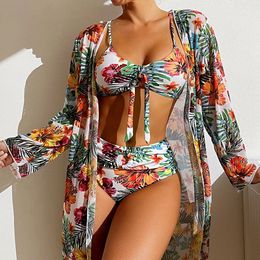 Women Swimsuit Bikini 3 Pieces Sexy Padded Bikini Set With Mesh Long-sleeved Cover Ups Brazilian Beach Bathing Suit Summer 240116