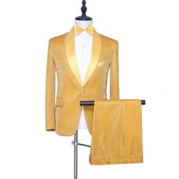 Custom Made Men Suits Shiny Gold Groom Tuxedos Shawl Satin Lapel Groomsmen Wedding Man 2 Pieces Jacket Pants Tie L5402710