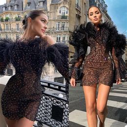 Luxury Short Evening Dresses Feather Beads Lace Long Sleeves Prom Pageant Gown Robe De Mariee Sweep Train Custom Made Formal Party240R