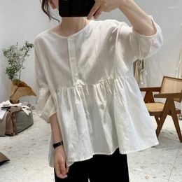 Women's Blouses Korean Style Loose O-neck Summer Women Solid All-match Fashion Leisure College Female Fold Vintage Simple Breathable