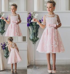 2019 New First Communion Dresses For Girls Short Sleeve scoop flower Pearls White Flower Girl Dresses for Weddings8364373