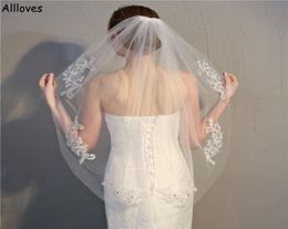 White Ivory Tulle Bride Wedding Veils With One Layer Chic Lace Edged Beaded Women Hair Accessories For Prom Formal Events Headwear5895567