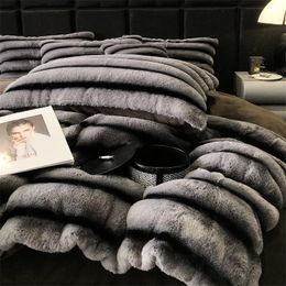 Faux Rabbit Fur Velvet Fleece Winter Bedding Set Soft Plush Stereoscopic Stripe Duvet Cover Set Flat/Fitted Bed Sheet Pillowcase 240117