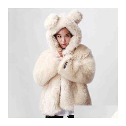 Women'S Fur & Faux Fur Selling Creative Fur Womens Coat Hooded Bear With Ears Cute Girl Little Fresh Imitation Rabbit 211213 Drop Deli Dhyjo