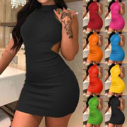 Casual Dresses Women Sleeveless Ruched Bodycon Mini Dress Summer Ribbed Cocktail Party