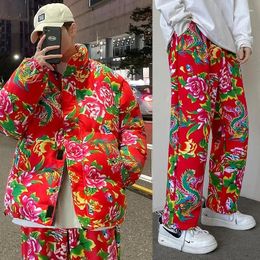 Men's Tracksuits Large Flowered Jacket Suit Male Winter Couple Oversized Cotton Clothes Chinese Style Vintage Peony Trousers Set