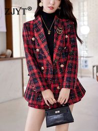 ZJYT Elegant Plaid Tweed Blazer Shorts Suits Autumn Winter Outfits for Women 2 Piece Business Chic Office Matching Set Plus Size 240117