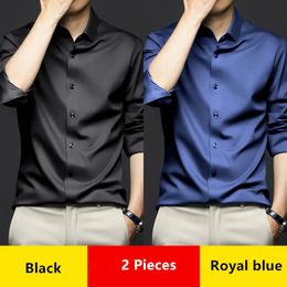 Luxury Men's Social Dress Shirts Spring Autumn Smooth Soft Wrinkle-resistant Non-iron Solid Colour Casual Ice Silk Stain Wedding 240117