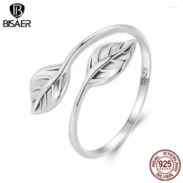 Cluster Rings BISAER 925 Sterling Silver Vintage Two Different Leafs Open Ring Size 5-9 Eternity Band For Women Original Fine Jewellery ECR975