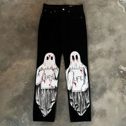 Ghost Graphic Jeans Printed Oversized Harajuku Gothic Y2k Black Jeans Men and Women Casual Straight Pants Style 240116