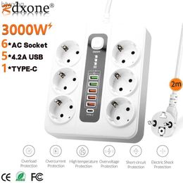 Power Cable Plug 3000W EU Plug Strip Socket USB Power Strip USB Charge Station Adapter 6 AC Outlets Power Strip With Switch Extension Socket YQ240117