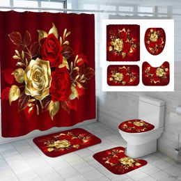 Shower Curtains Shiny Red Golden Rose Waterproof Shower Curtain Set Toilet Cover Mat Non Slip Bath Rugs Home Bathroom Carpet Christmas Decor