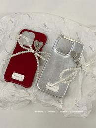 Korean Simple Luxury Dermatoglyph Pearl Bow Pendant Solid Colour Phone Case Suitable for iPhone 11 12 13 14 Pro Max Shockproof Back Cover 240117