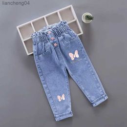 Jeans Kids Girl Jeans Floral Cartoon Long Pants Spring Autumn Graffiti Painting Print Casual Trousers with Hole Children Denim Pants