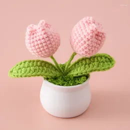 Decorative Flowers Hand-Knitted Artificial Flower Creative Finished Mini Wool Knitting Tulip Pot Plants Desktop Ornaments Wedding Home Decor