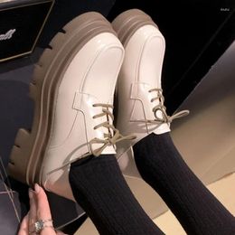 Dress Shoes Casual Fashion Design Loafers Cross-tied Lace Up Women Round Toe Platform Zapatos Mujer Chunky Heels Solid Leather