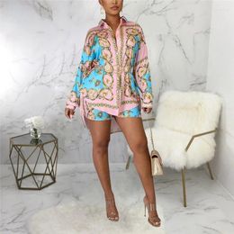Women's Two Piece Pants Summer Sexy Club Outfits Geometric Elements Print Long Sleeved Casual Printed Shirt And Shorts Set Colorfu