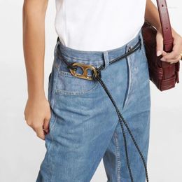 Belts Gold-toned Double Ring Buckle Woven Leather Waist Cord Knotted Rope Trim Tassel Belt Women's Thin Waistband