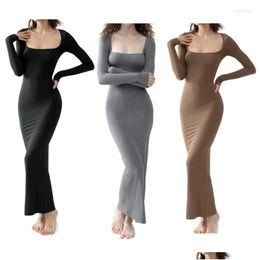 Basic & Casual Dresses Casual Dresses Women Long Sleeves Dress Y Square Neck Soft Lounge Ribbed Bodycon Drop Delivery Apparel Women'S Dhmlr