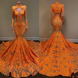 2021 Orange Mermaid Prom Dresses Long Sleeves Deep V Neck Sexy Sequined African Black Girls Fishtail Evening Wear Dress Plus Size272p