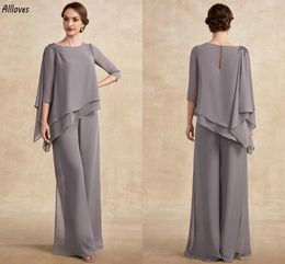 Modern Plus Size Mother of the Bride Pant Suit Two Piece Beaded Soft Chiffon Outfit Sets for Wedding Guest Evening Party Gowns CL3208