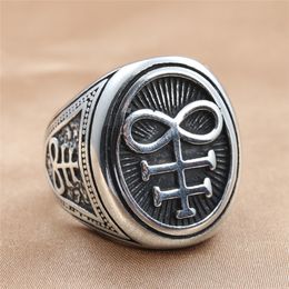 Gothic Satanic Cross Ring For Men Retro 14K White Gold Biker Satan Signet Ring Fashion Jewellery Gift Size 7-13