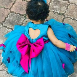 Blue Satin Flower Girl Dresses Jewel Ball Gown Princess Gowns Bow at Back Tiered Tulle Beaded Sequins Hand Made Butterfly Gowns Daughter and Mother Dress CF002