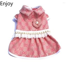 Dog Apparel Pet Clothing Spring Autumn Dress Cat Princess Skirt Pink Coffee Plaid Lapel Shirt Small And Medium-sized