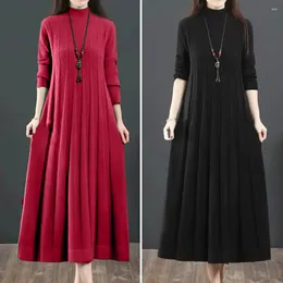 Casual Dresses Loose Waistline Dress Elegant Pleated High Collar Knitted A-line Midi For Women Thick Warm Long Sleeve