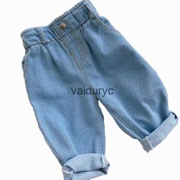 Dżinsy nowe dżinsy dziecięce Pantie chłopców w talii stały kolor poza spodnie dla dzieci jesień zima moda kowbojska dżinsy 2024 H240508