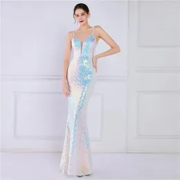 Casual Dresses 2024 Women Mermaid Party Long Prom Dress Sexy Spaghetti Strap V Neck Colourful Sequin Evening Bodycon Maxi Vestidos