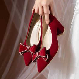 Dress Shoes Wedding Women's Thick Heels 2024 Spring/Summer/Autumn Red Low Heel Bow Bride