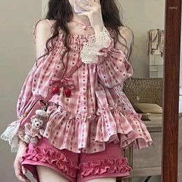 Women's Blouses Sweet Pink Plaid Ruffles Loose Shirts Women 2024 Summer Half Sleeve Lace Y2k Grunge Off Shoulder Camisole Tops