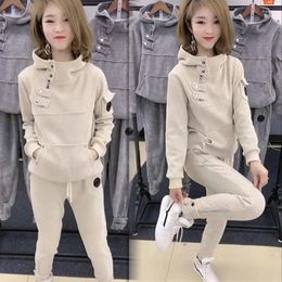 Women's Two Piece Pants Women's Solid Colour Set Female Slim Fashion Long Sleeve Hooded Sweater Sweat Suit Ladies Tracksuit Clothes G453