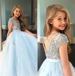 Backless Pageant Birthday Gowns with Beaded Rhinestone Short Sleeves Flower Girls Dresses for Weddings5414319