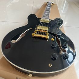 Classic jazz electric guitar, gold accessories, glossy black paint, guaranteed quality, high professional level, and fast delivery.