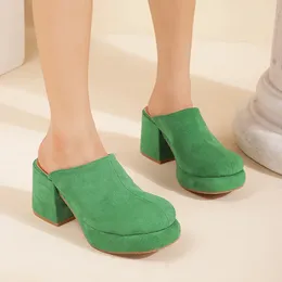 Slippers Square Heel Shoes Lady Big Size Woman's Flock Heeled Mules Slides Low Block Girl 2024 High Fabric Rome Scandals Basic R