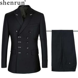 Men's Suits Blazers Shenrun Men Suits Slim Fit New Fashion Suit Double Breasted Peak Lapel Navy Blue Black Wedding Groom Party Prom Skinny Costume