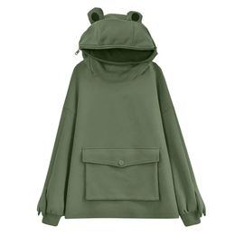 Women Novelty Frog Hoodie Long Sleeve Sweatshirt Solid Color Hooded Coat with Lazy Style Flap Pocket 240116