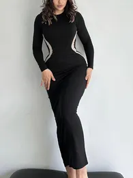 Casual Dresses Sexy Girdling Waist Striped Slim Bodycon Long Dress Women Sleeved Skinny Maxi Evening Club Party Vestidos