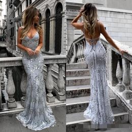 Sexy Backless Silver Prom Dresses Mermaid Sequins Spaghetti Straps Sweep Train Long Evening Gown Formal Occasion Wear Custom Made260J